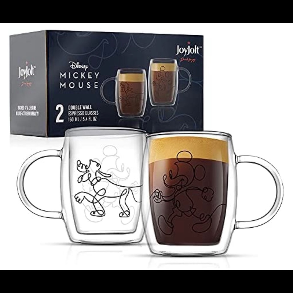 Set Of 2 Joyjolt Disney Espresso Cup Double Walled Glass Mickey Pluto Coffee Tea